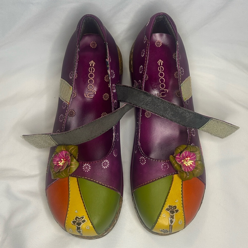 SOCOFY Leather Mary Jane Boho Platform Embossed Flower Ballet Shoes Women’s 10 - Picture 8 of 9